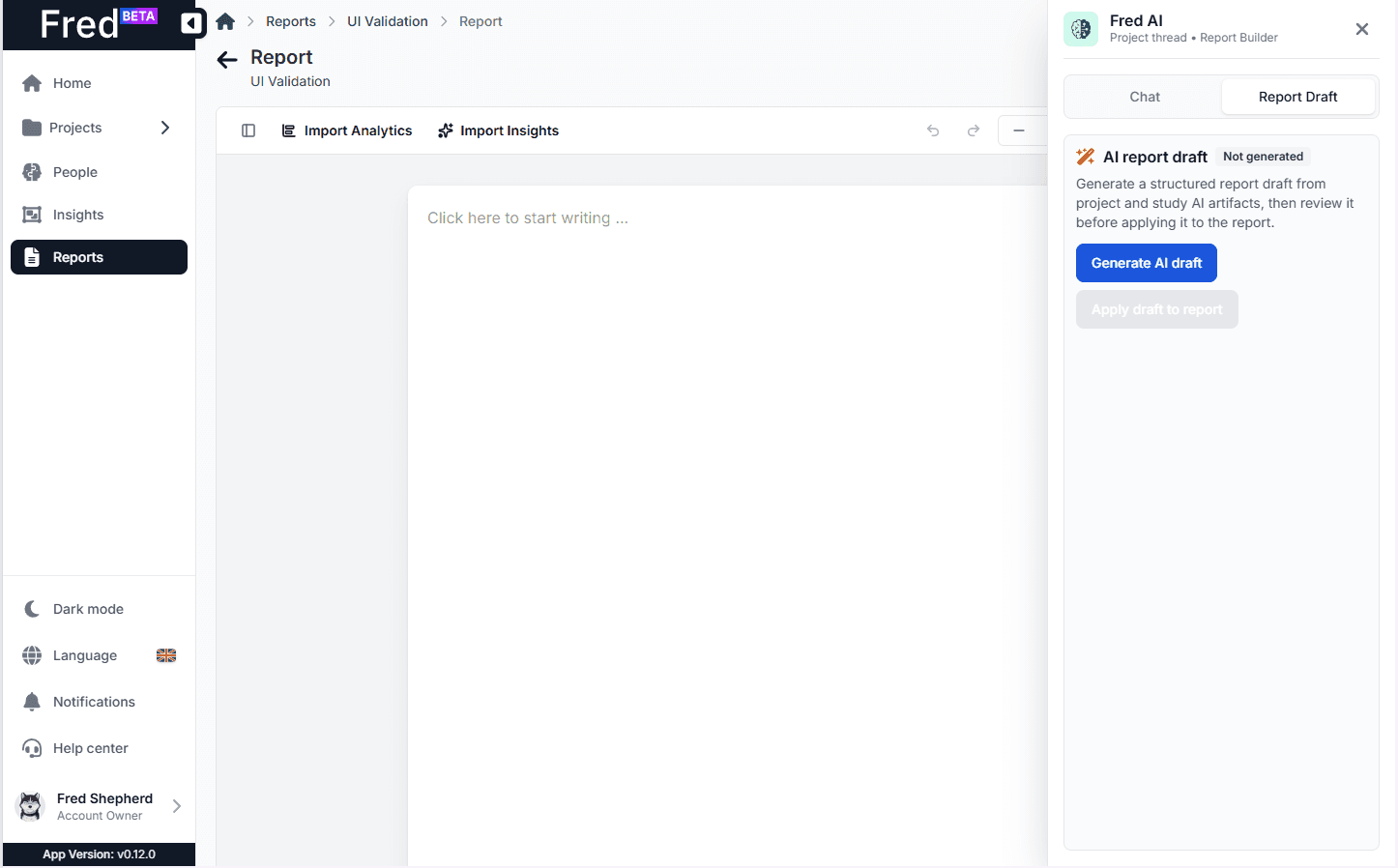 Fred report builder showing research output sections