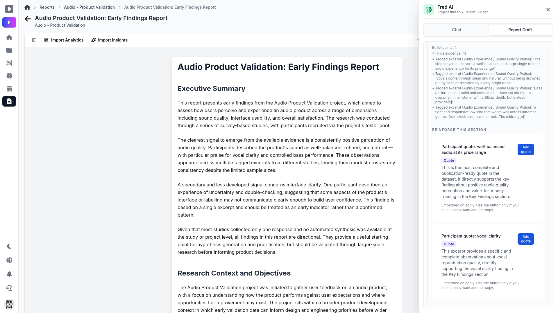 Fred report showing evidence connected to recommendations in a decision case